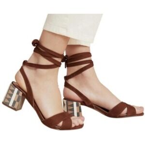 Anthropologie‎ Tabitha Open Toe Heels Aztec Print Suede Brown Ankle Wrap Size 38